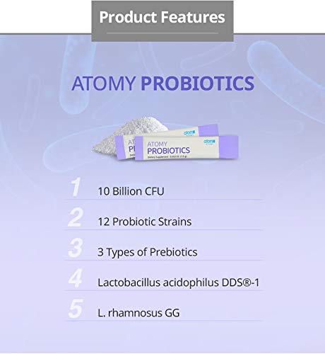 Generic Atomy Probiotics packaging design highlights blue blueberry flavor and convenient packets.