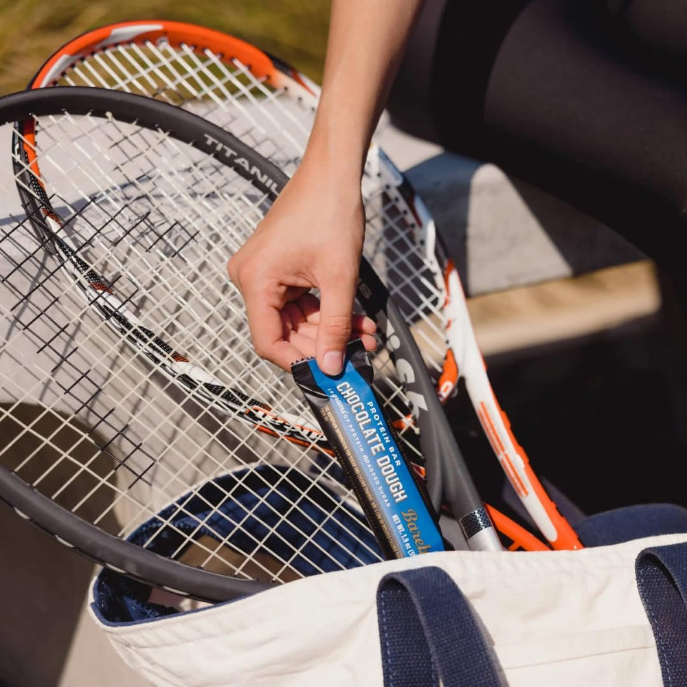 BarebeIIs on-the-go pack demonstrated for easy gym bag snacking.