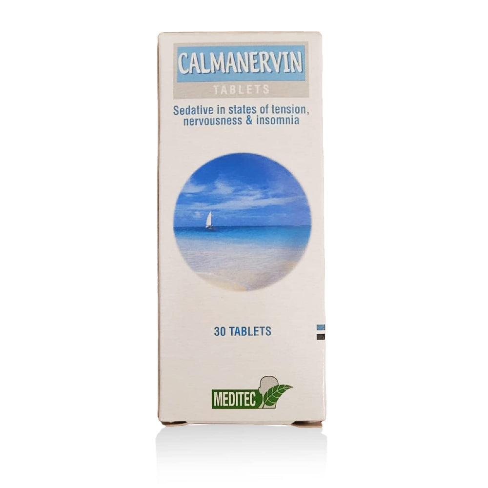 Generic Calmanervin tablets bottle front showing calm mood and visual focus on the product.