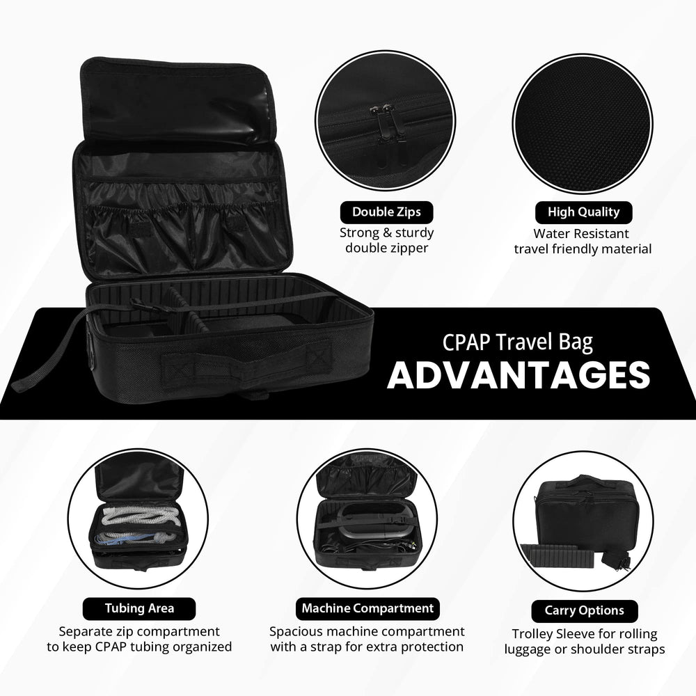 Generic Chill CPAP travel bag interior shows tubing top pocket for tidy setup.