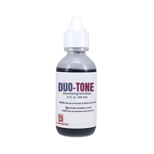 Generic Dental Duo-Tone Disclosing Solution bottle shows dual-color plaque indicator