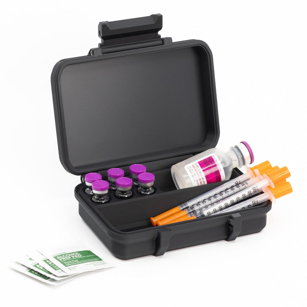 Generic Dual 3ml/30ml vial case open setup keeps vials organized for travel