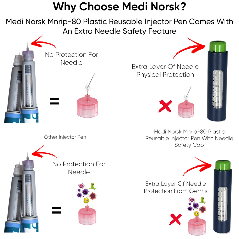 Generic enclosed-design pen injector helps limit air exposure for cleaner handling.
