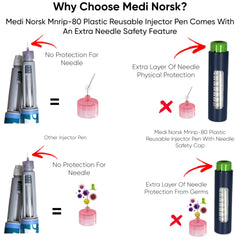 Generic enclosed-design pen injector helps limit air exposure for cleaner handling.
