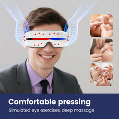 Generic eye massager with heat, sleep mask worn for restful relaxation.