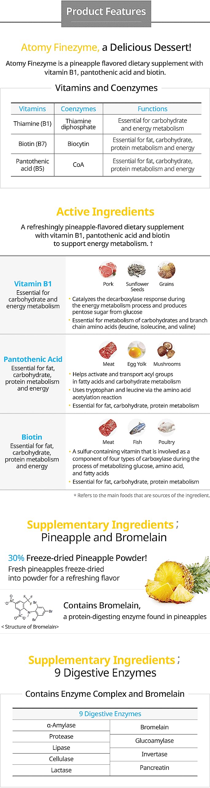 Generic Finezyme ingredients label highlights the enzyme blend and usage guidance.