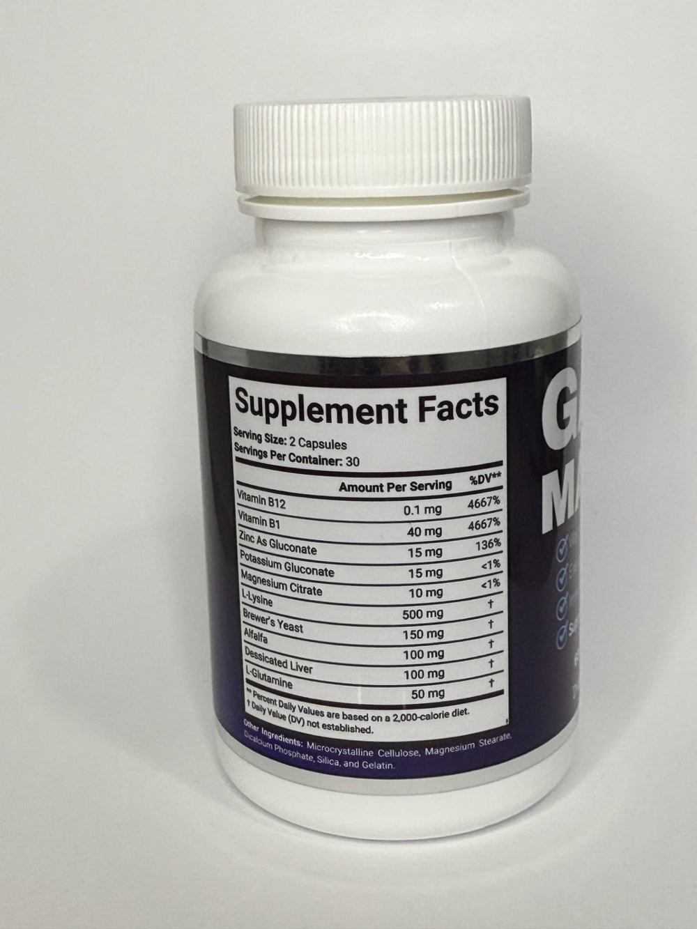 Generic GainMax ingredients label highlights key components for potential muscle support.