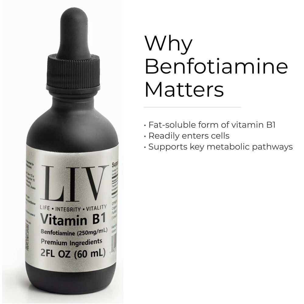 Generic LIV Vitamin B1 Liquid label closeup highlighting vegan formula for clean supplementation