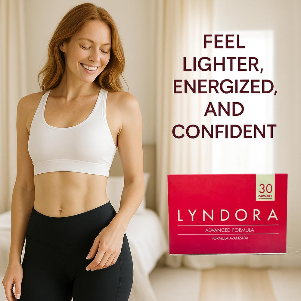 Generic Lyndora Advanced Formula bottle being poured with ready-to-take capsules.