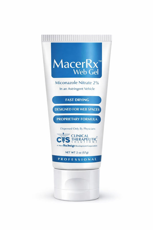 Generic Macer Web Gel between toes for dry, comfortable toe web spaces.