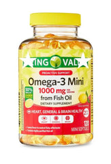 Generic Omega-3 Mini bottle shows purified 1000 mg omega-3 oil.