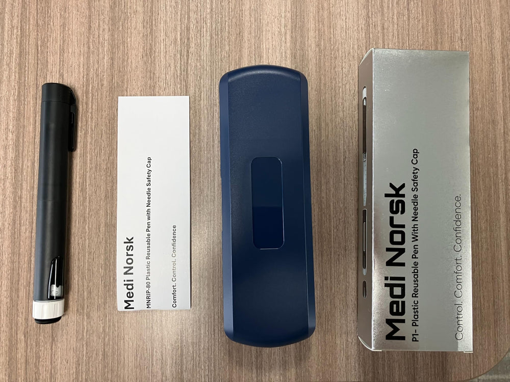 Generic pen injector with safety push mechanism provides controlled activation for precise practice.