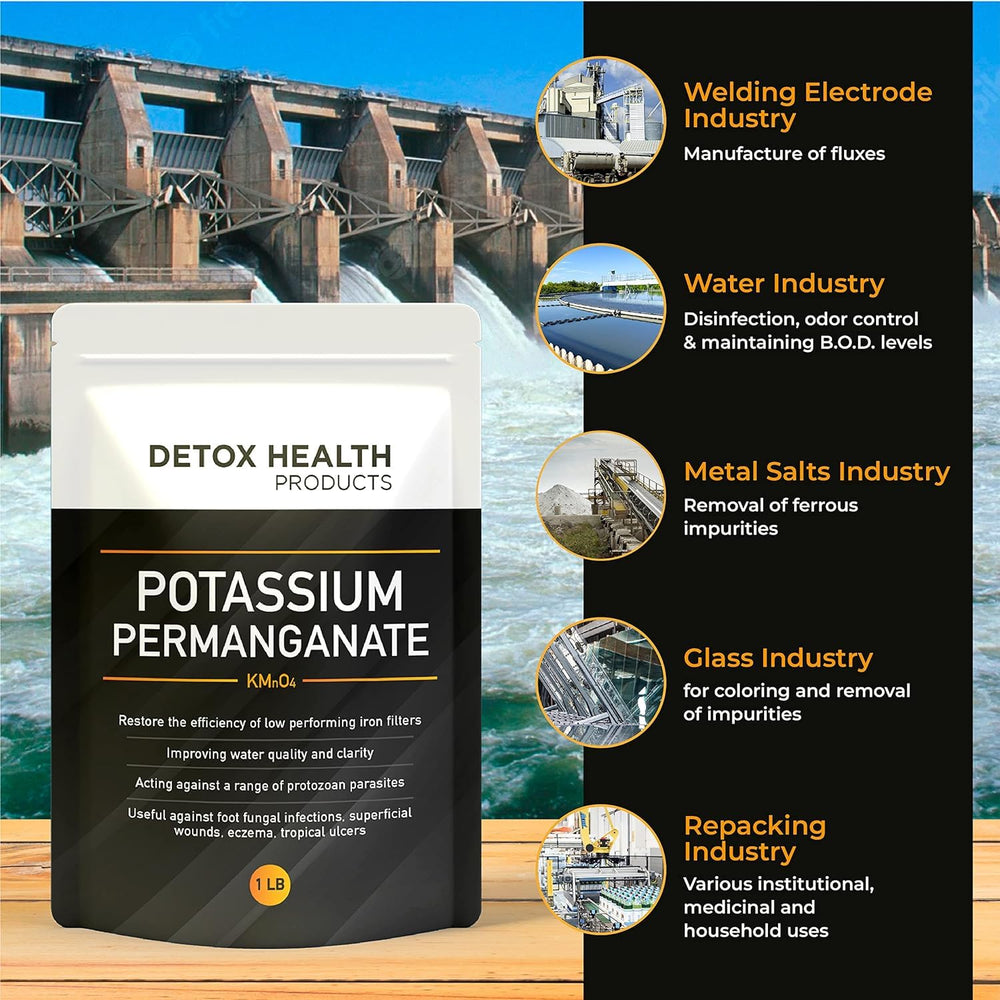 Generic Potassium Permanganate crystal pour, ideal for controlled cleaning tasks.
