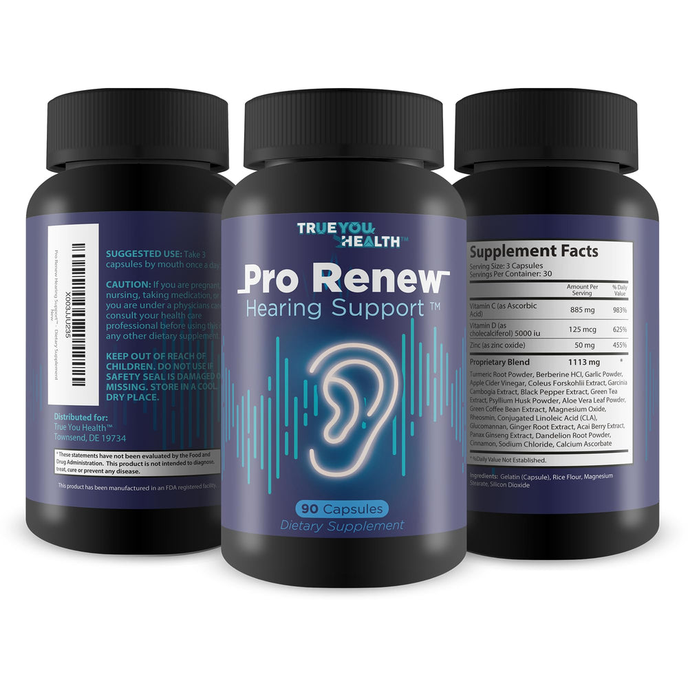 Label details show vitamins and herbal ingredients in Generic Pro Renew Hearing Support.