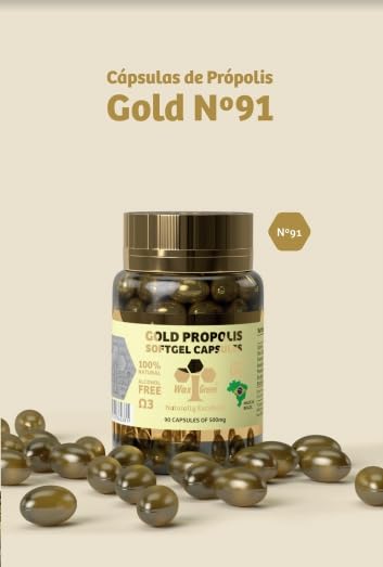 Close-up of 500 mg Bee Propolis Gold capsules in a bottle for daily use.