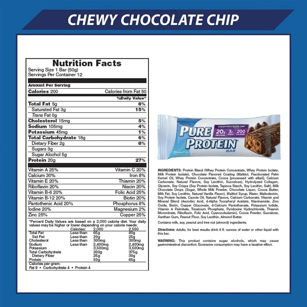 Generic Pure Protein Bars Chewy Chocolate Chip close-up highlights chewy texture and protein boost.