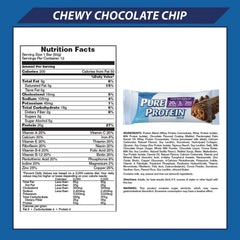 Generic Pure Protein Bars Chewy Chocolate Chip close-up highlights chewy texture and protein boost.