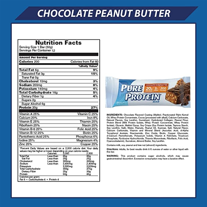 Generic Pure Protein Bars Chocolate Peanut Butter close-up showcases creamy peanut butter and protein.