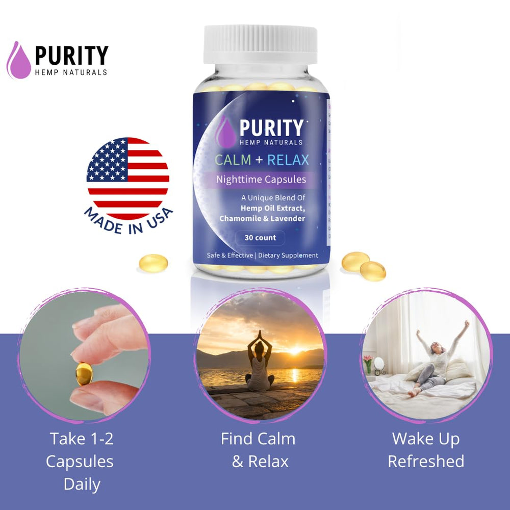 Generic Purity Hemp Naturals Calm + Relax capsules close-up for quick calm before bed