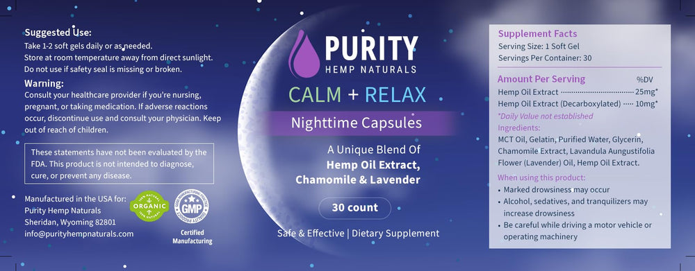Generic Purity Hemp Naturals Calm + Relax nightcaps on a nightstand for bedtime ritual