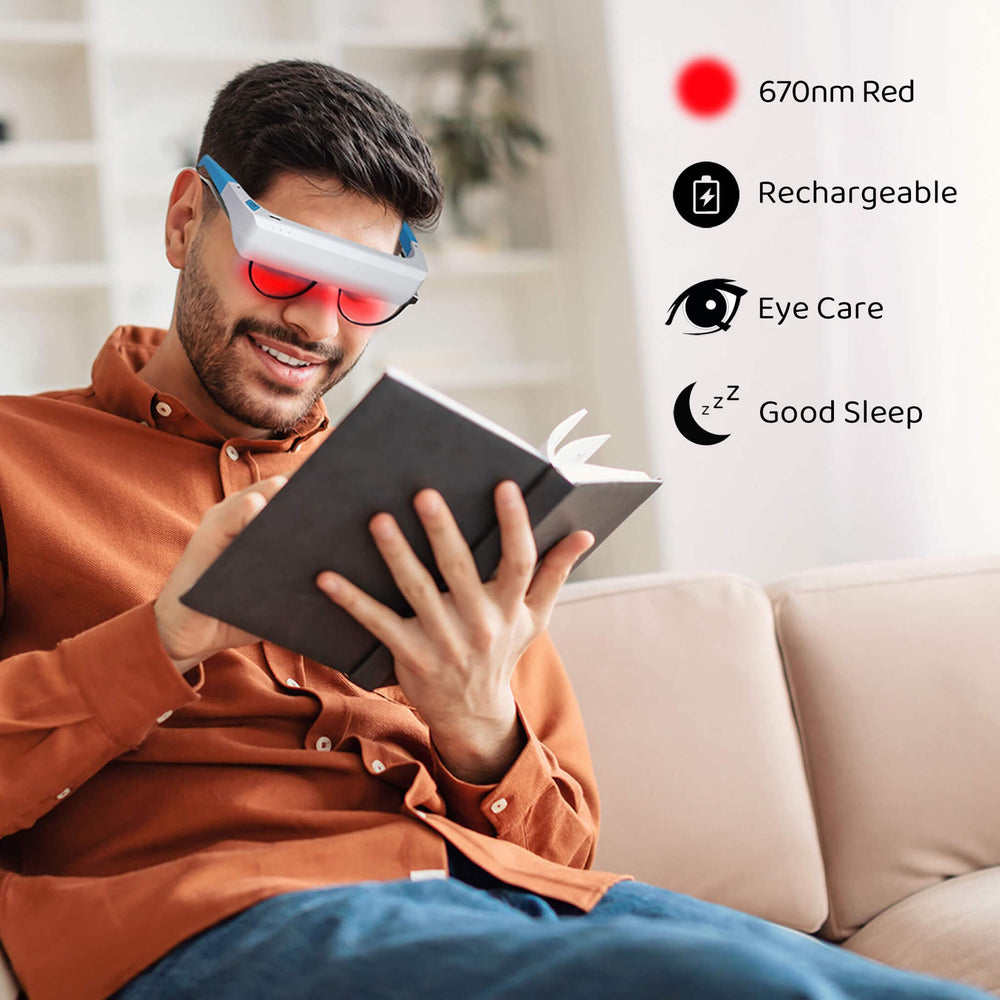 Generic red light therapy glasses charging cable included for cordless use.