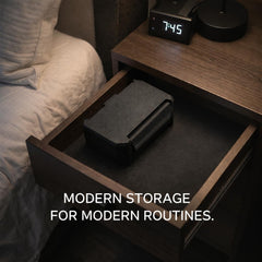 Generic slim profile storage fits compact drawers and bags