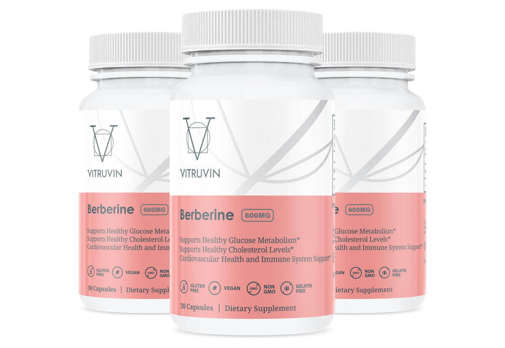 Generic Vitruvin Berberine 600mg bottle closeup highlighting ultra-absorbable formula