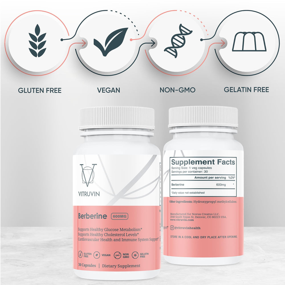 Generic Vitruvin Berberine 600mg daily routine setup with water glass