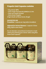 Box and bottle packaging for Wax Green Propolis Gold Capsules for secure storage.