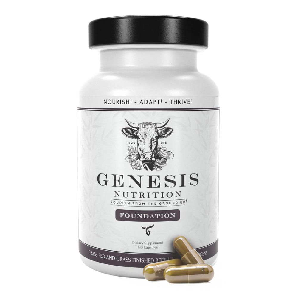 Genesis Nutrition Advanced Beef Liver bottle showing nutrient-dense capsules for daily support.