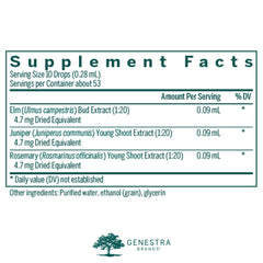Acn-gen product label closeup highlighting elm juniper rosemary ingredients.