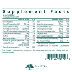 Genestra Brands Children's Chewable Vitamins tablets close-up, orange papaya flavor for kid-friendly taste.