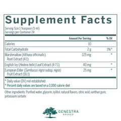 Genestra English Ivy Syrup label shows natural raspberry flavor for use.