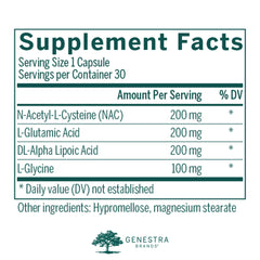 Genestra Glutathione Precursors capsules ready for convenient daily supplementation.