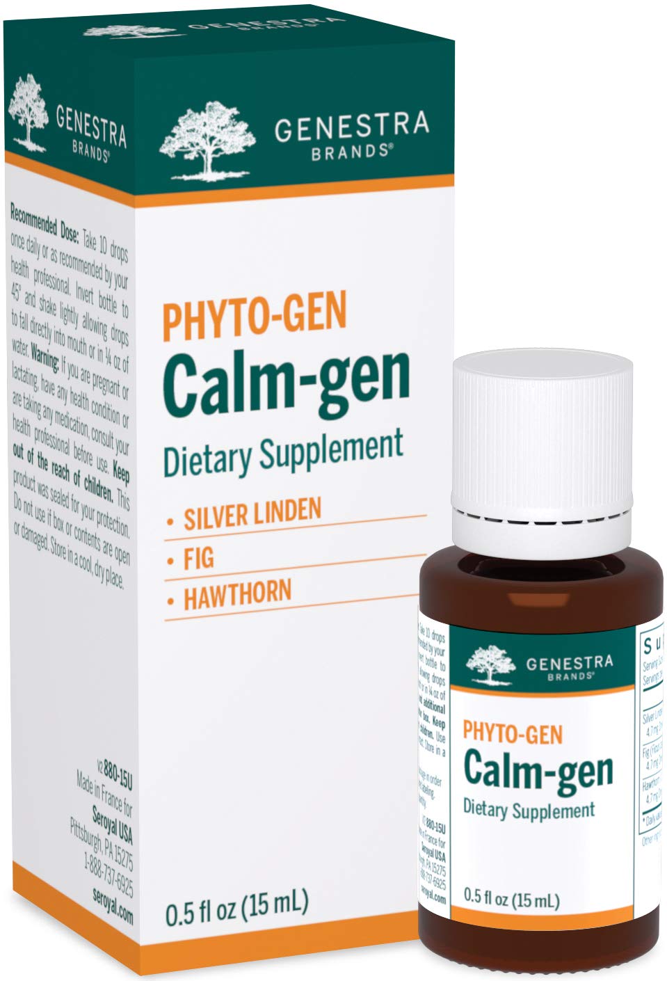 Genestra Calm-gen bottle front view, compact 0.5 fl oz, convenient for daily relaxation support.