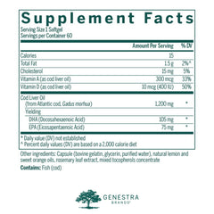 Genestra Cod Liver Oil DHA-EPA Forte capsules close-up showing easy-to-swallow softgels.