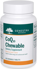 Genestra Brands CoQ10 Chewable bottle with natural blackcurrant flavor for daily cardiovascular support.