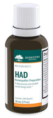 Genestra HAD bottle front shows a compact liquid supplement for energy support
