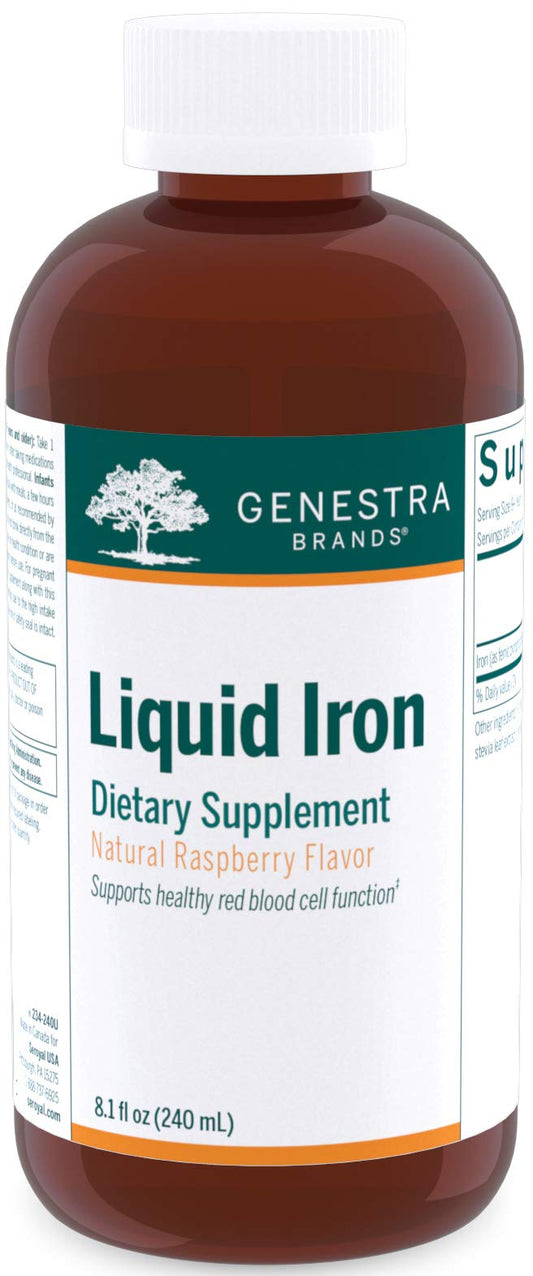 Genestra Liquid Iron bottle front reveals natural raspberry flavor, a user-friendly iron supplement.
