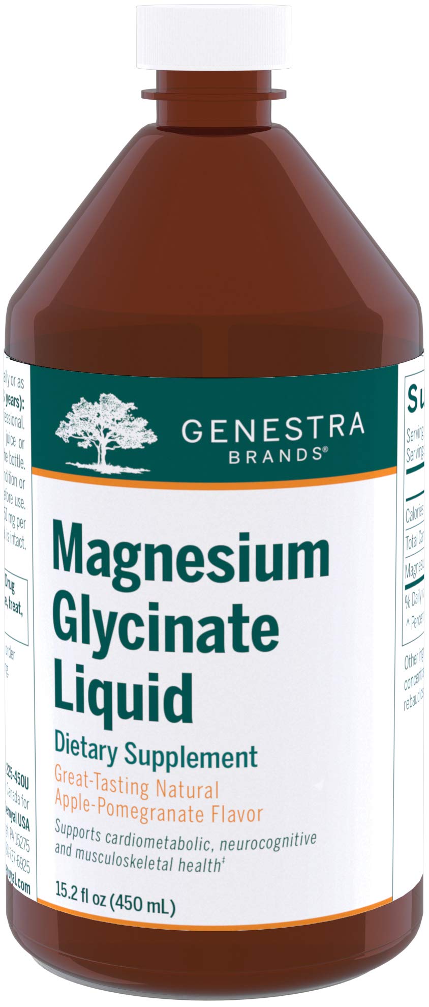 Genestra Magnesium Glycinate Liquid bottle supports normal muscle function and gentle metabolism.