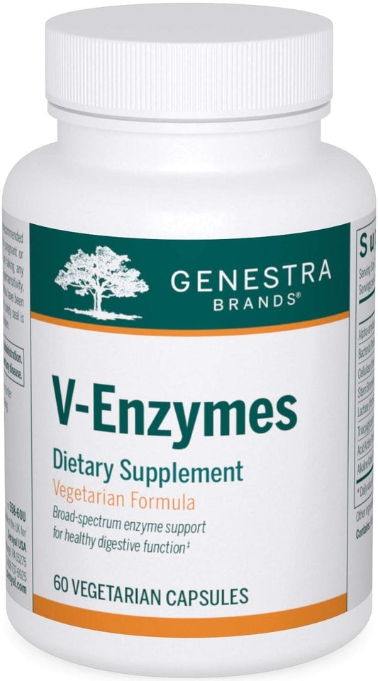 Genestra V-Enzymes bottle front showing vegan digestive support for meals.