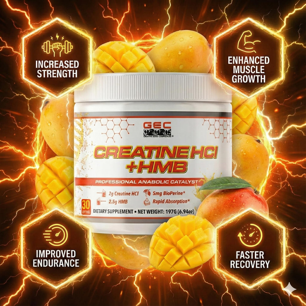 Genetic Edge Compounds Creatine HCl HMB scoop on gym bench for lean gains.