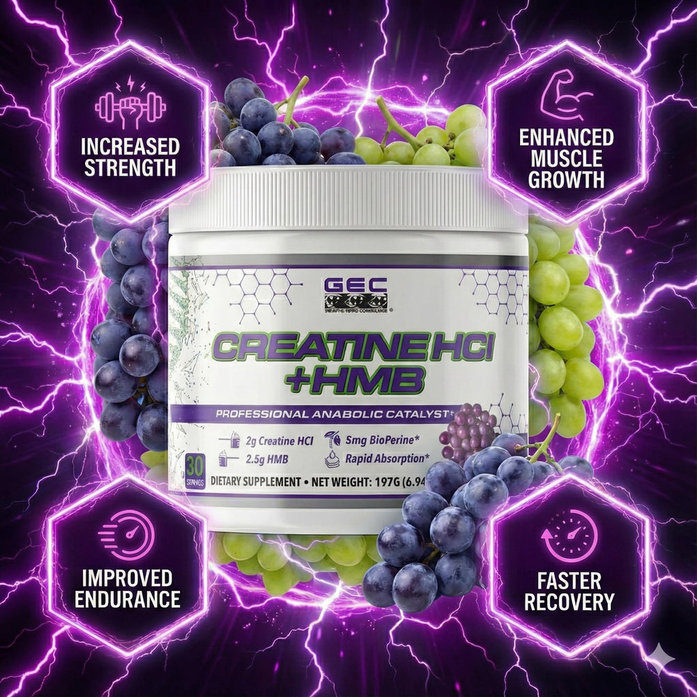 Genetic Edge scoop shows 2g creatine HCl and 2.5g HMB per serving.