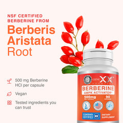 Genex Berberine HCl 500mg vegetarian capsules suitable for plant-based diets.