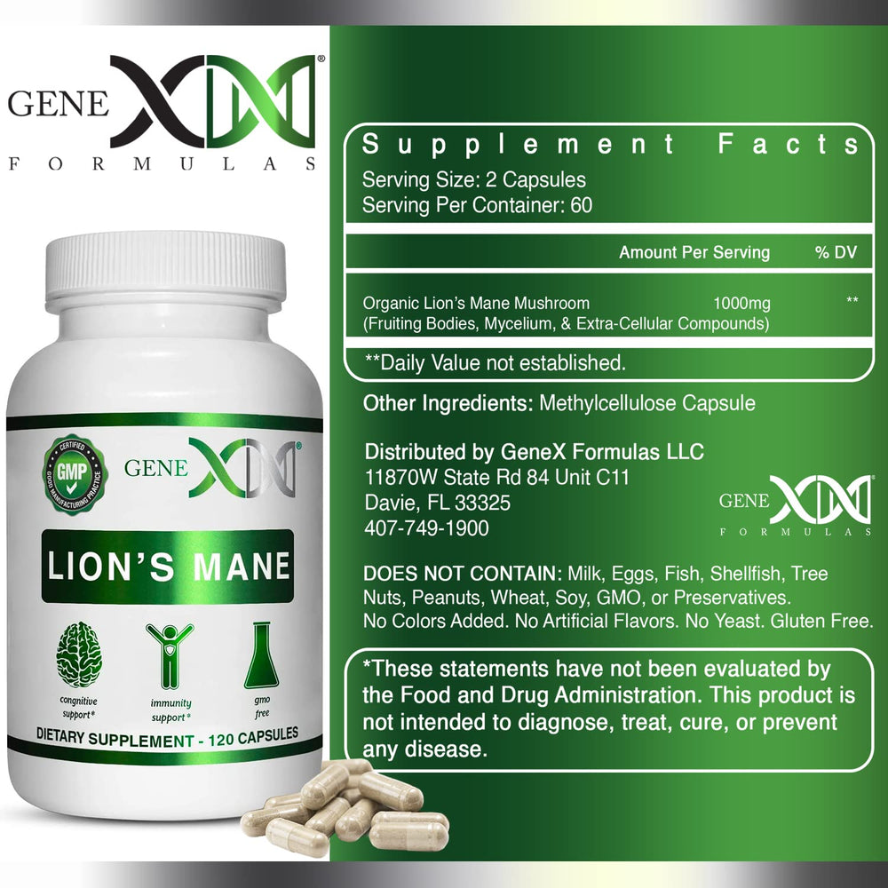 Genex Lions Mane label close-up shows organic ingredients and capsule count