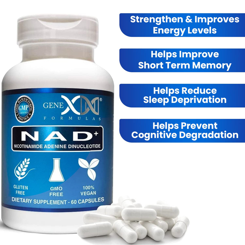 Genex Formulas NAD+ bottle side shows dosage and supplement facts