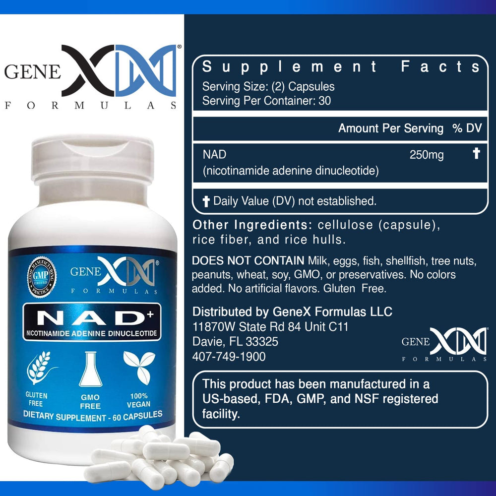 Genex Formulas NAD+ capsules closeup highlighting pure NAD+ content for potential cellular energy