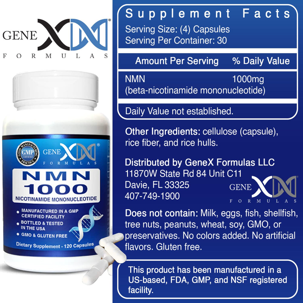 Genex Formulas NMN 1000mg capsules pour demonstrates easy-to-swallow capsules.