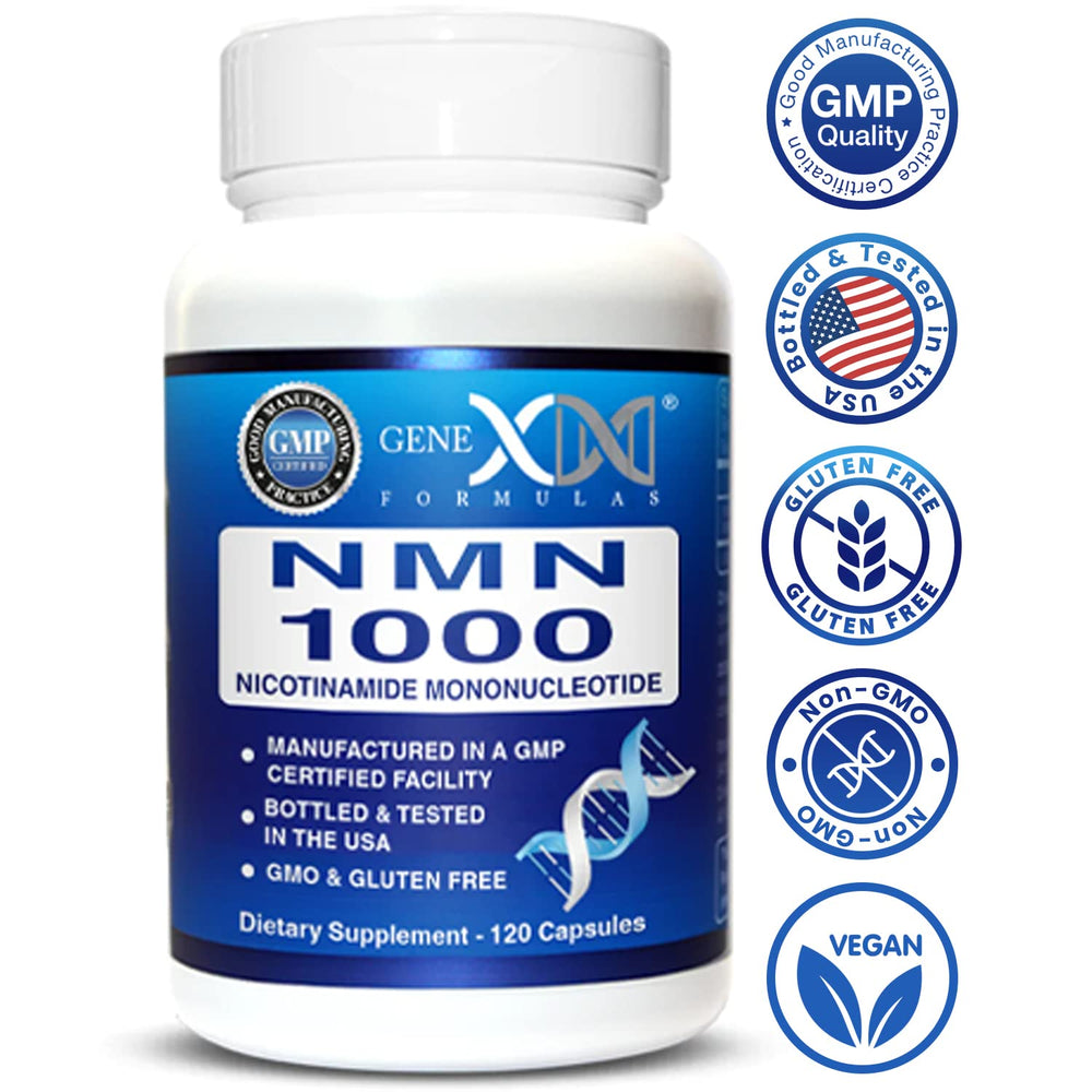Genex Formulas NMN 1000mg GMP and NSF seals on the bottle.