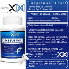 Genex Formulas NMN 250mg capsules close-up unflavored and easy to swallow
